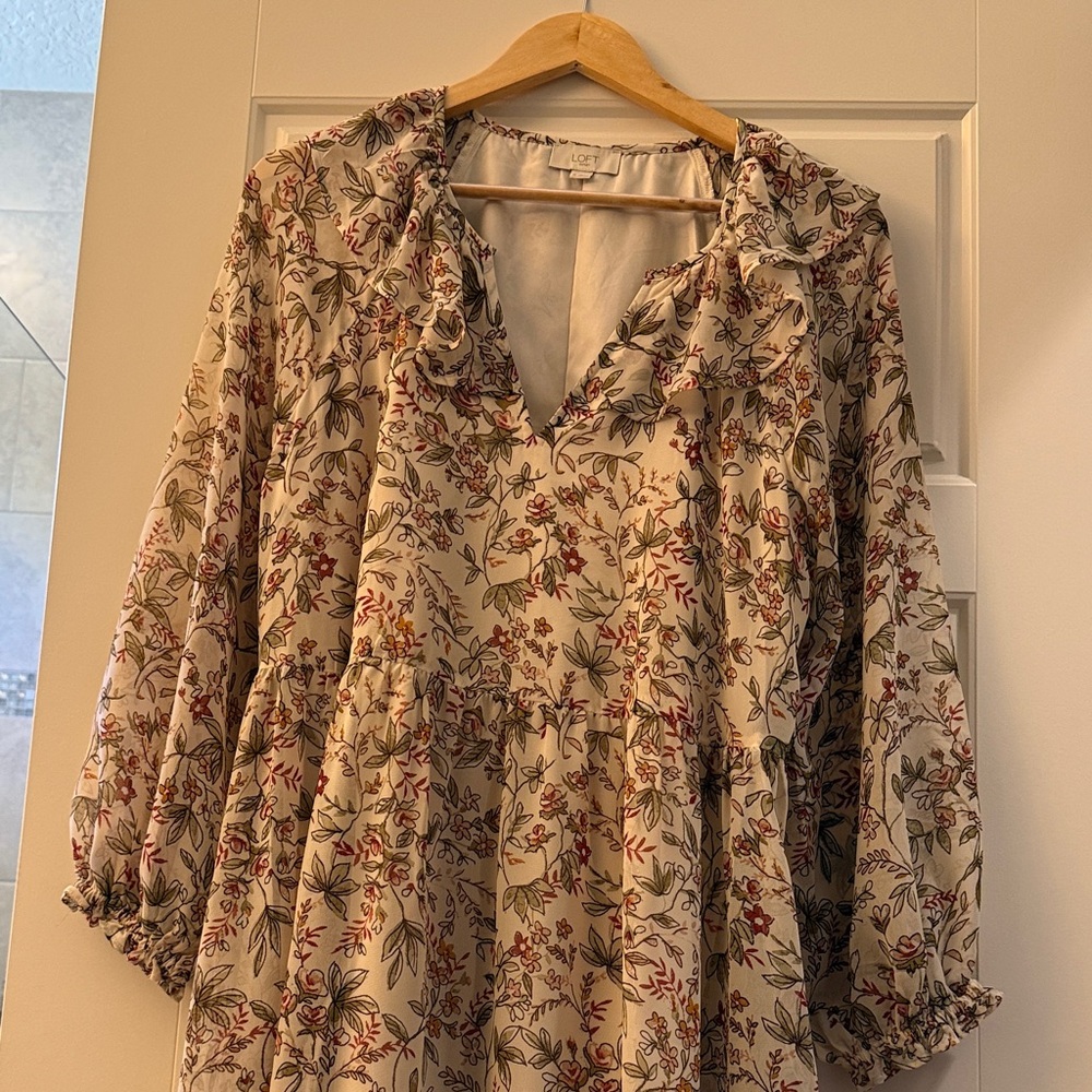LOFT Cream Floral Ruffle MAXI dress